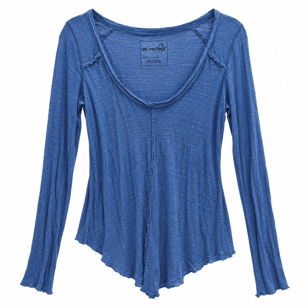 We The Free Sheer Linen Blend Long Sleeve Top Blue Womens Large Boho Coastal Tee